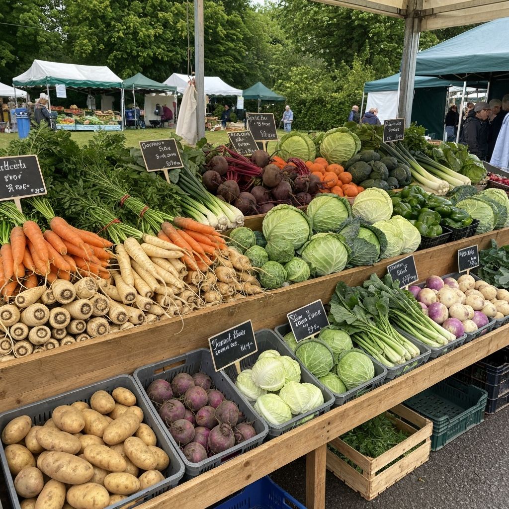 British farmers market with fresh local vegetables